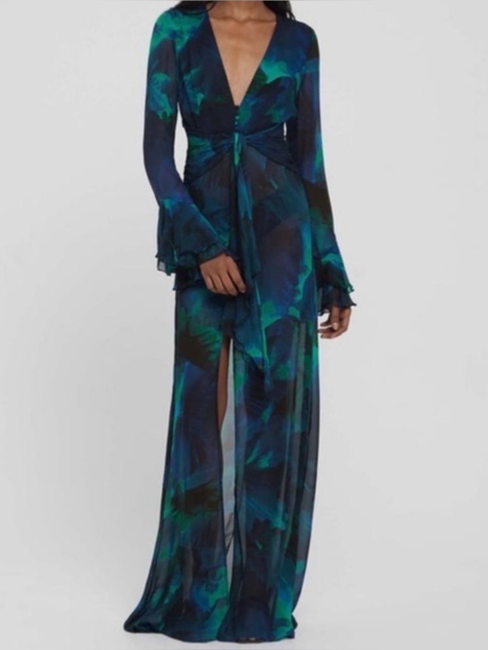 Rat & Boa Fiorella Teal Blue Floral Sheer Maxi Dress XL NWT